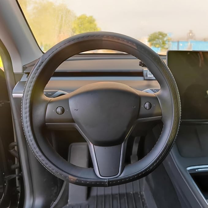 D Shape Steering Wheel Cover for Tesla Model 3 / Y, for Camaro, 14-14.25 Inch Black Leather Car Wheel Cover for Men Women