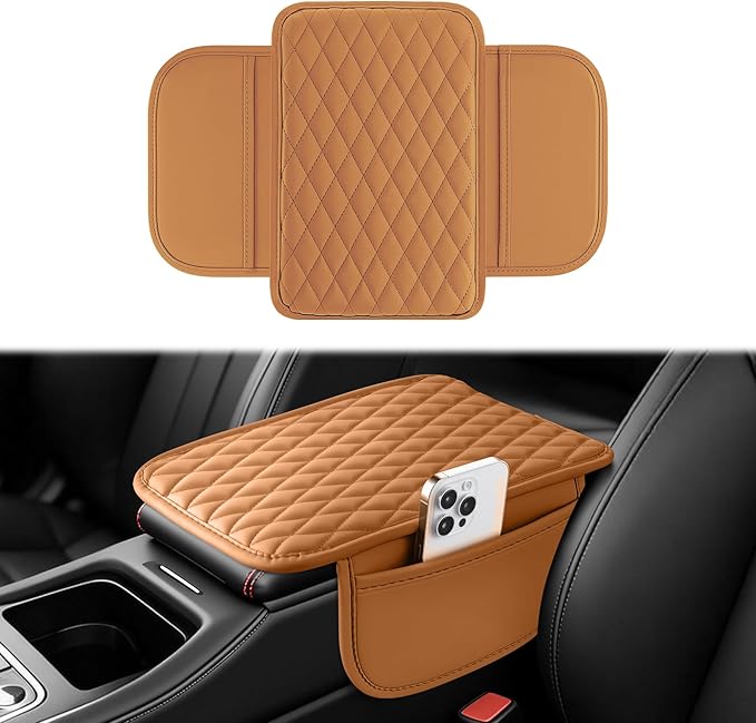 Amiss Car Center Console Cover, Upgraded Leather Car Armrest Cushion with 2 Storage Pockets, Universal Waterproof Cushion Pad, Non-Slip Car Interior Accessories, Fits Most Sedans SUVs Trucks (Orange)