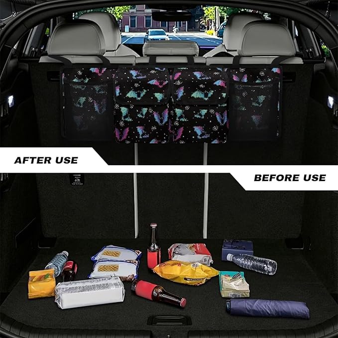 Halloween Colorful Bats Car Trunk Organizer with 4 Pockets Hanging Car Backseat Storage Bag Multipurpose Car Interior Accessories for SUV Pickup Truck Van