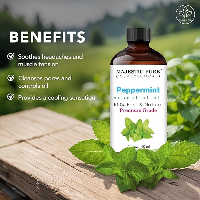 Majestic Pure Essential Oil with Glass Dropper - 100% Pure and Natural - Essential Oils for Diffuser, Aromatherapy, Soap and Candle Making, Peppermint Essential Oil, Peppermint Oil, 2 Fl Oz