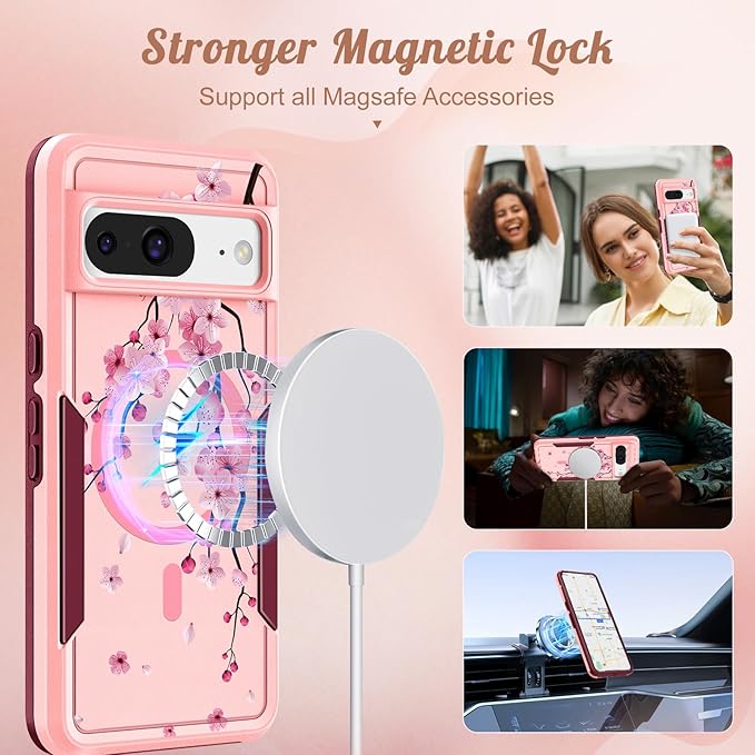for Google Pixel 8 Case 6.2 Inch - Compatible with MagSafe Women Girls Cute Magnetic Protective Cover Girly Kawaii Flower Blossom Heavy Duty Shockproof Design for Google Pixel 8 Phone Cases