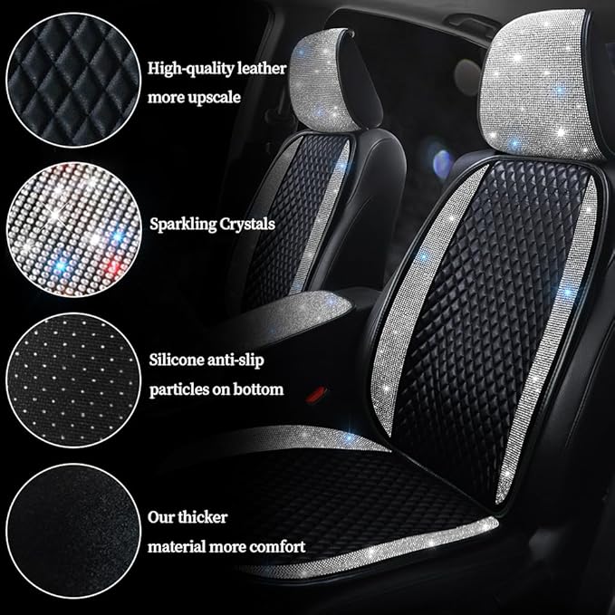 Luxury PU Leather Car Seat Cover Protector Bling Rhinestones Diamond Front Car Seat Protector Pad for Girls Women or Ladies Auto Sparkling Crystal Universal Interior Accessories White 1 Seat