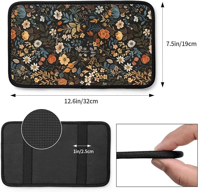 Universal Car Center Console Cover Vintage Floral Leaf Armrest Protector Floral Flower Cute Non-Slip Auto Arm Rest Cushion for SUV Truck Vehicle Vans Sedans