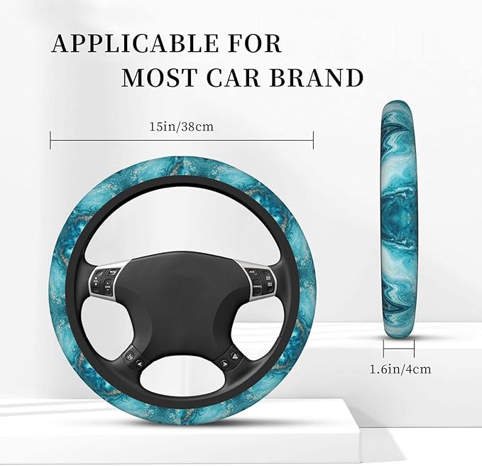 Light Blue Marble Auto Car Steering Wheel Cover Universal 15 Inch Neoprene Interior Decor Protection Accessories