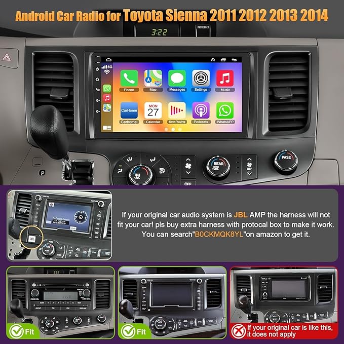 4G+64G Car Radio for Toyota Sienna 2011 2012 2013 2014, 9 Inch IPS Touch Screen Support Wireless Carplay&Android Auto Bluetooth/Voice Control/GPS/WiFi/Back-up Camera/SWC/FM Radio