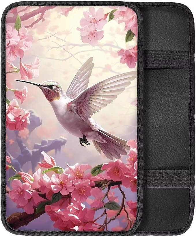 Peach Hummingbird Car Armrest Pads Car Armrest Cushion Arm Rest Covering Car Middle Console Covers Non Slip for Truck Auto SUV Car Accessories
