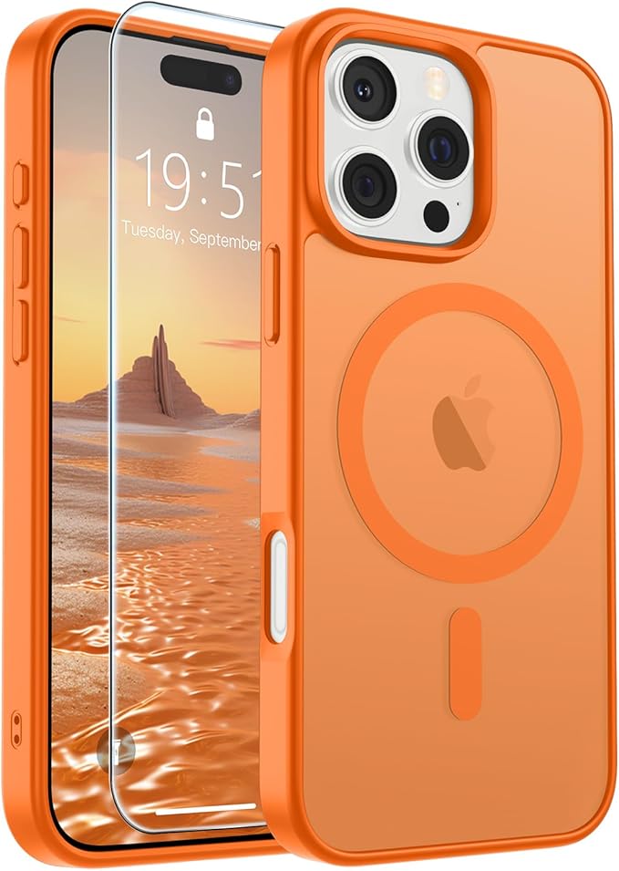SUPFINE Magnetic for iPhone 16 Pro Case with Screen Protector (Compatible with MagSafe) (Military Grade Drop Protection) Translucent Matte Shockproof Phone Cover,Starry Orange