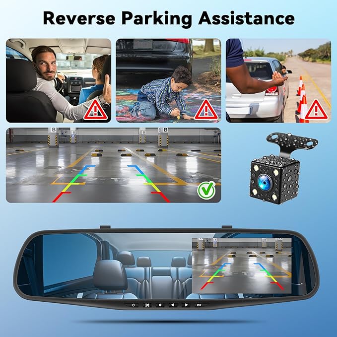 Mirror Dash Cam 4.5 Inch Rear View Mirror Camera 1080P Front and 480P Rear View Dual Cameras with 32G Card, Motion Detection, Night Vision, Parking Assistance, Loop Recording，Exposure Adjustment