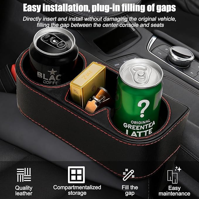 Car Seat Gap Filler Organizer with Cup Holder, Leather Multifunctional Vehicle Front Seat Crevice Storage Box Bag, Automotive Console Side Bucket Pocket, Universal Fit (Black)