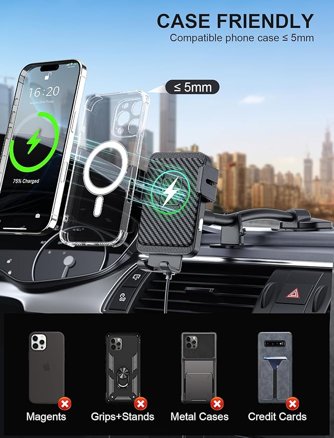 MOKPR Wireless Car Charger, Adjustable Gooseneck Car Mount Auto-Clamping Car Charger, Dashboard [with Anti Shake stabilizer] Phone Holder fit for iPhone 17 16 15 14 13 12, Samsung,with QC 3.0