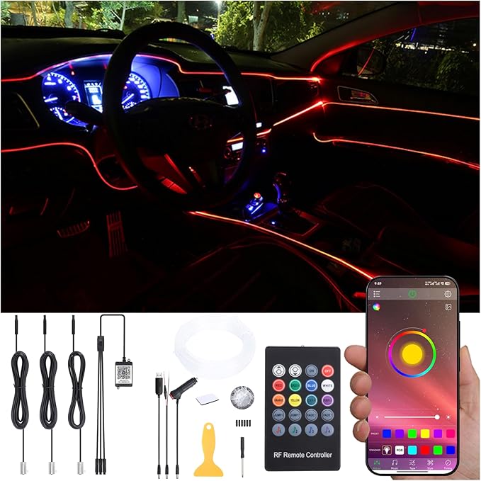 Car Ambient Lighting Kit 64 Colors Multicoloured Music Optic Fiber RF Remote + APP Control Car DIY Decorative Atmosphere Lighting DC 12V 1W 4m
