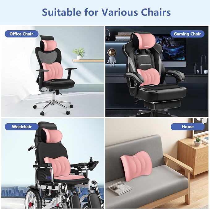 Car Seat Cushion with Neck Pillow & Lumbar Support Back Sciatica Tailbone Pain Relief Car Pillows Ergonomic Memory Foam Back Support for Driving Seat Office Chair Wheelchair 3 Pcs Pink