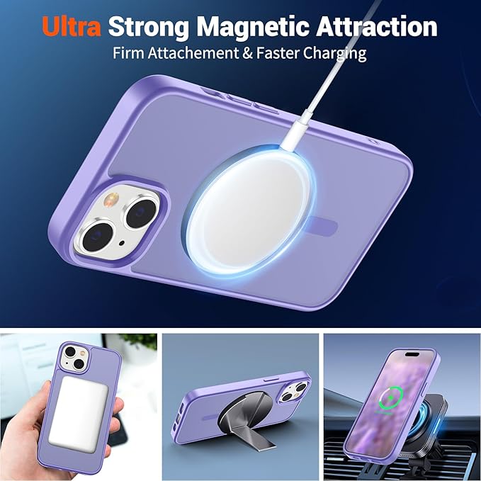 SUPFINE Magnetic for iPhone 15 Case (Compatible with MagSafe) (Military Grade Drop Protection) Slim Translucent Matte Shockproof with Anti-Fingerprint Phone Case, Purple