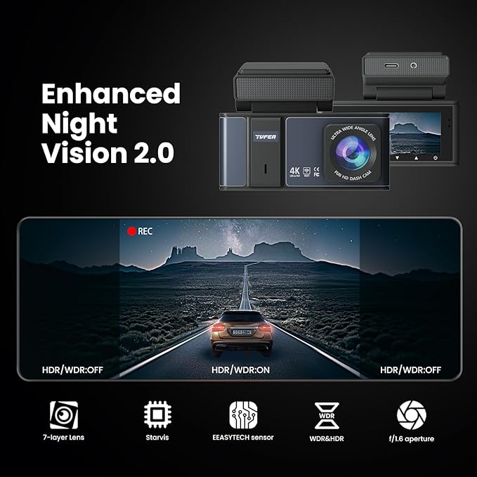 Dashcam Front and Rear Camera,TVFEA Dash cam 4K,Dual Dash Camera for Cars with Wi-Fi,3.18" LCD Screen,64GB Card,APP Control,Night Vision,WDR,Metal Shell,24H Parking Mode,G-Sensor,Loop Record