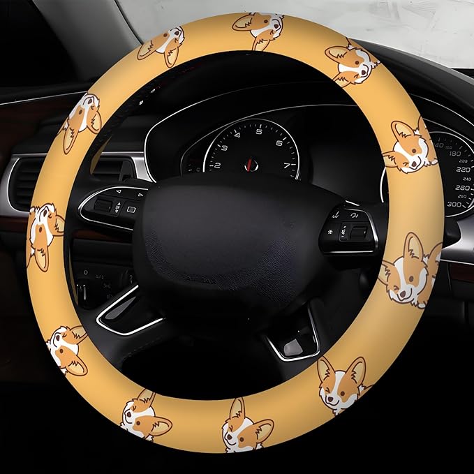 Car Steering Wheel Cover, Universal 15 Inch Neoprene Non-Slip Steering Wheel Covers, Funny Car Accessories for Women Men Fit Auto, Suvs, Truck Cute Yellow Corgi Dog