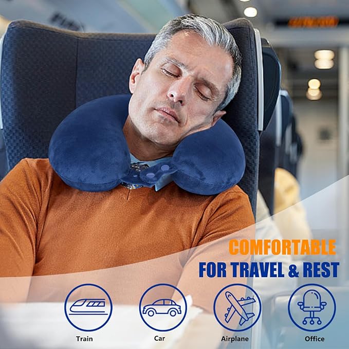 SAIREIDER Travel Pillow 100% Memory Foam Airplanes Neck Pillows -Prevent The Heads from Falling Forward Travel Neck Pillows with Sleep Mask and Earplugs (Navy Blue)