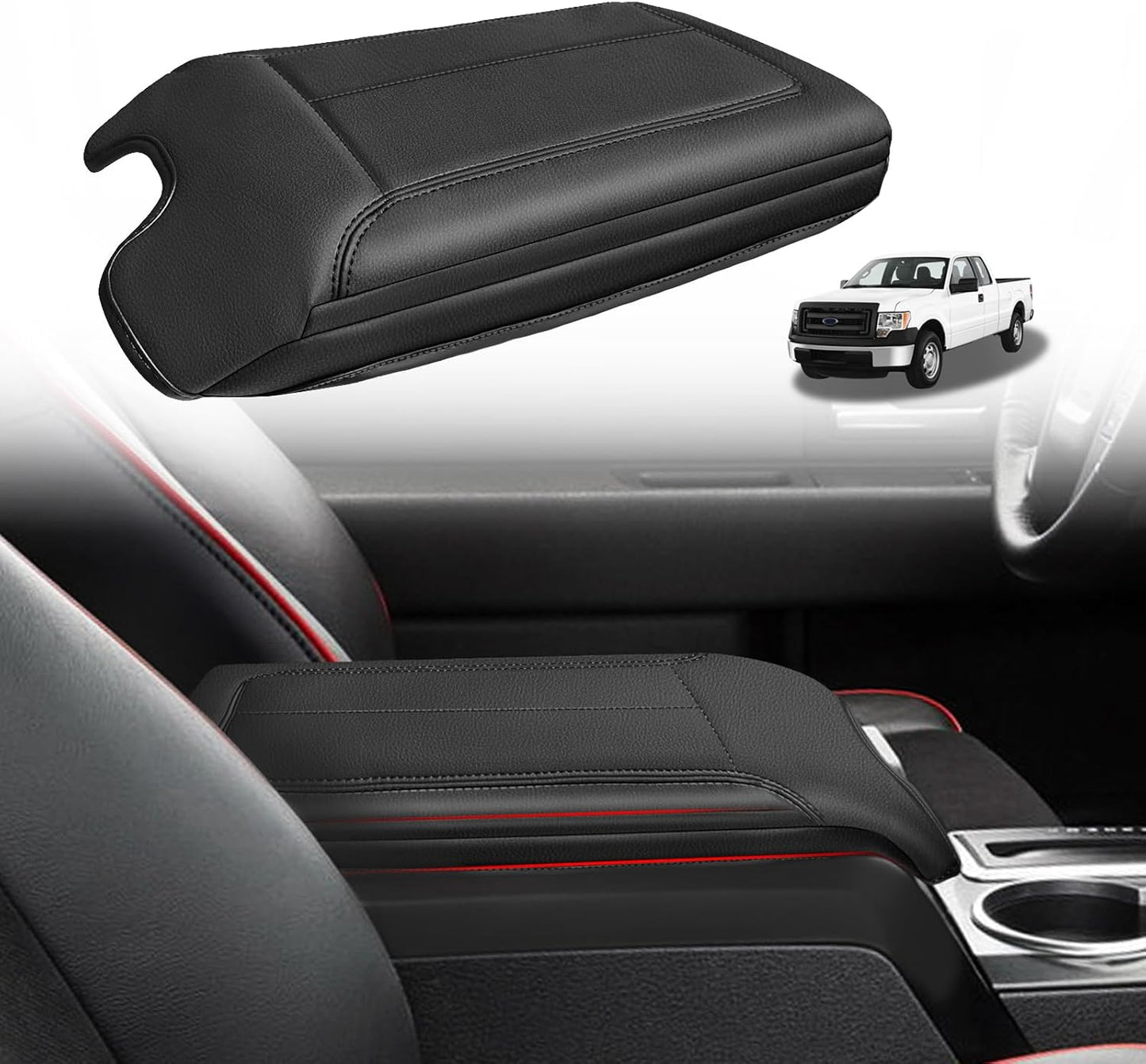 Muslogy Center Console Armrest Cover Compatible with Ford F-150 F150 2009-2014 Comfort Armrest Pad Arm Rest Cushion Vegan Leather Protector 1-Inch Extra Thick(Bucket Seat ONLY)