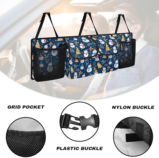 Car Trunk Organizer Hanging Cartoon Christmas Snowman Auto Back Seat Storage with 4 Pockets Car Interior Accessories for SUV MPV Hatchback Crossover Minivan Truck