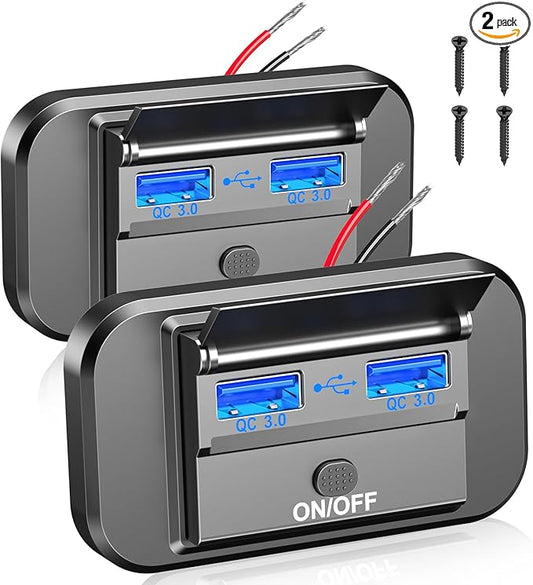 2 Pack 12V USB Outlet Dual Quick Charge 3.0 Car USB Ports: 12 Volt Power Outlet USB Panel Wall Mount Car Charger Socket for Marine RV Motorcycle Boat Car Truck, etc. (Surface Mount Installation)