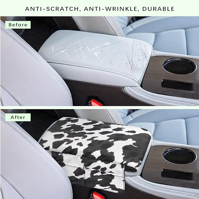 Wanyint Black White Cow Print Auto Center Console Pad Soft Armrest Box Mat Protector Non-Slip Middle Console Cover with Pockets Storage Bag Hand Rest Pillow Automobile Decor Accessories