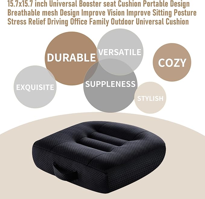 Car Booster Seat Cushion Height Adjustable Memory Foam Mesh Breathable 4.7" Thick Wedge Cushion for Driving Office Chair Lift Seat Pad for Short Adults Posture Support-Black