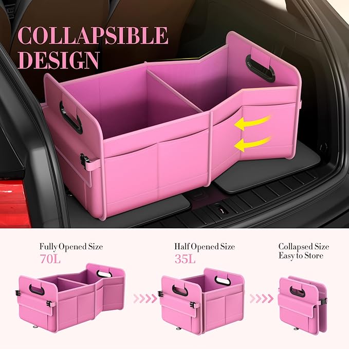 titiyiof Trunk Organizer For Suv & Sedan,Car Organizers and Storage, Waterproof Collapsible & Adjustable Straps,70L Sturdy Car Organization for Car Accessories, Tools,Sundries,2-3 Compartment（Pink