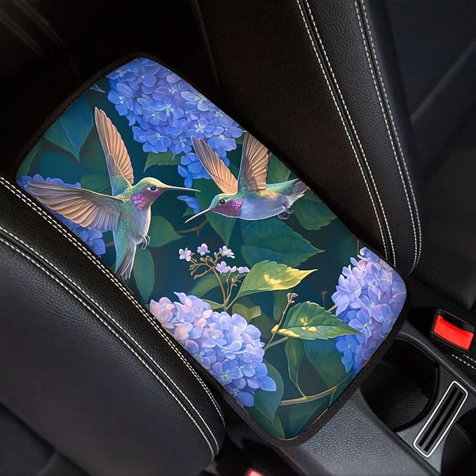Flower Hummingbird Thin Car Armrest Pads Auto Armrest Box Cover Comfortable Middle Storage Organizer Pad Universal Style Car Accessories Decor
