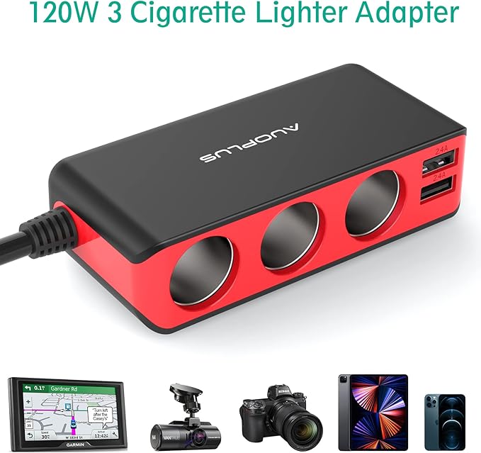 AUOPLUS 120W 3 Socket Cigarette Lighter Splitter Car Charger Adapter, LED Voltage Display Dual 4 USB Chargers(6.8A), Car Charger On/Off Switches 12V for iPhone iPad Samsung GPS Dashcam