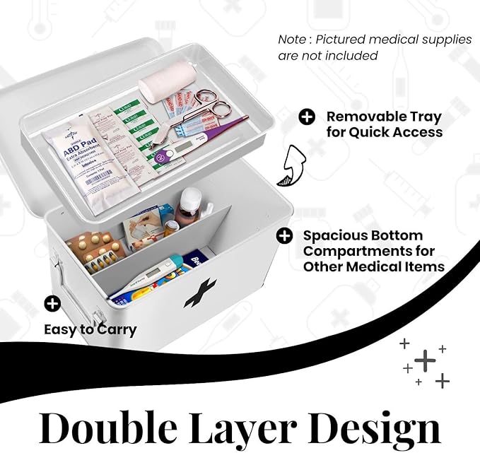 Flexzion First Aid Box Organizer Empty 13" White Vintage First Aid Kit Tin Metal Medical Box - First Aid Storage Box Container Bins with Dividers, Removable Tray and Black Cross Logo