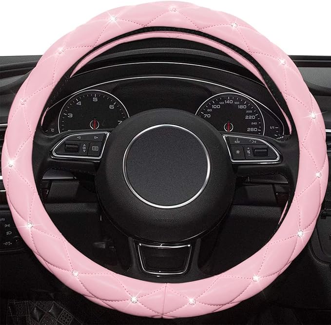 Xizopucy Pink Steering Wheel Cover, Diamond Leather Bling Steering Wheel Cover, Anti-Slip Steering Wheel Protector with Crystal Rhinestones for Women and Girl Fit 14.5-15 inch