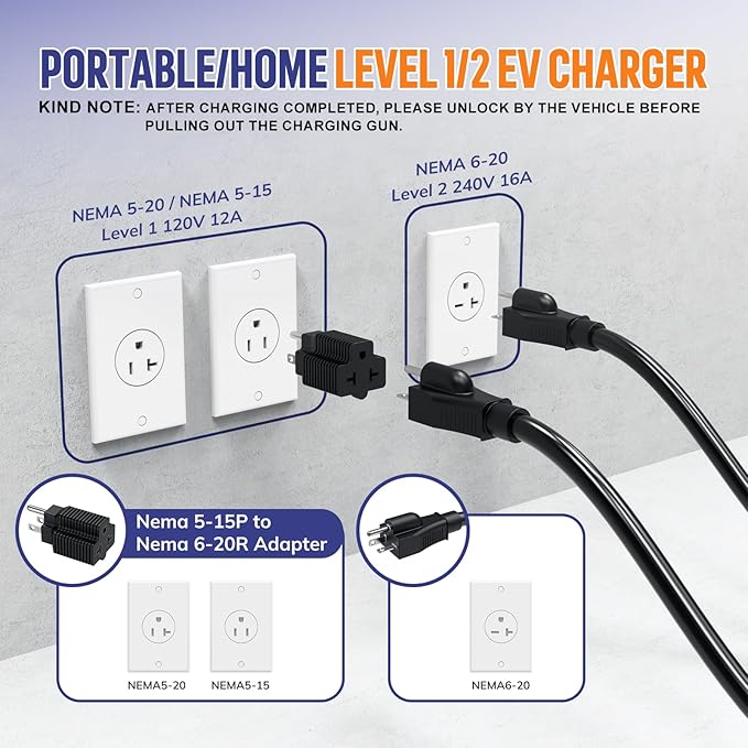 AIMILER Level 1/2 Tesla Charger, 16A, 25ft Cable ETL Certified, 240V NEMA 6-20P Plug & 110V 5-15P Adapter Cable, Portable Electric Car EV Charger for Tesla Models Y/X/3/S or Other Nacs EVs (Black)