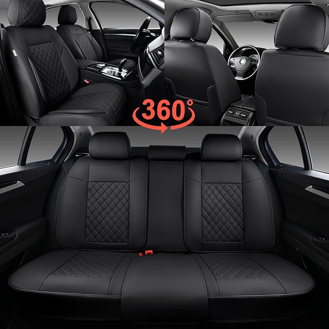 Auto Car Seat Covers Full Set Leather Cushion Protector Breathable Waterproof Seat Cover for Cars Universal Fit (Black, Full Set Without Headrest)