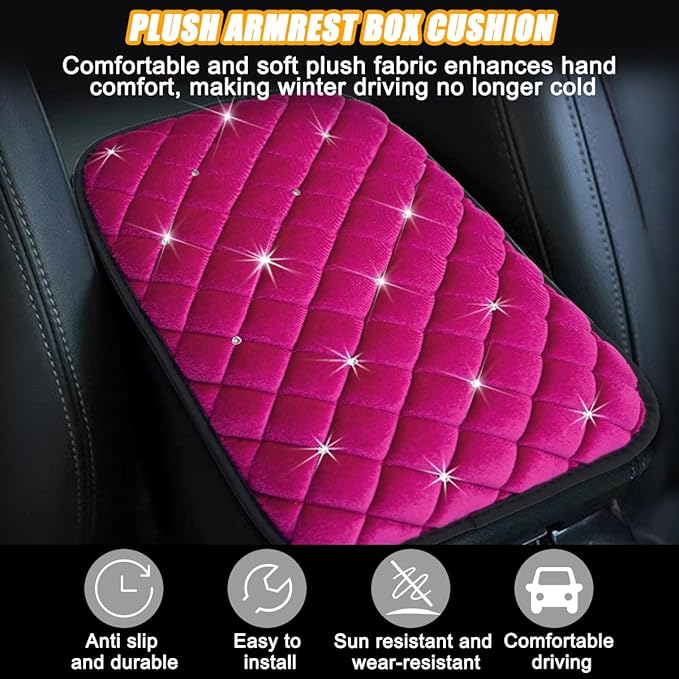 Mandark Bling Car Center Console Cover, Crystal Rhinestone Fluffy Automotive Armrest Seat Box Cushion Pad, Soft Comfortable Diamond Arm Rest Protection Mat, Universal Vehicle Accessories (Rose Red)
