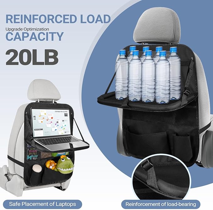Back Seat Car Organizer with Tablet Holder, 6 Storage Pockets Car Storage Organizer with Foldable Food Tray, Car Seat Back Protectors Kids Car Kick Mats for Travel