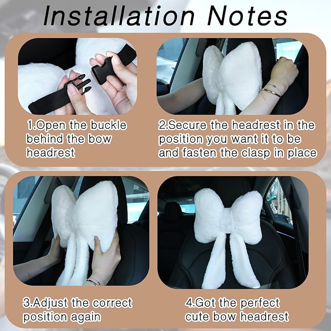 Macarrie 2 Pcs Car Neck Pillow Plush Butterfly Bow Car Headrest Pillow Comfortable Seat Neck Support Cute Car Head Rest Accessories for Driving Travel Driver Chair Girl Style Interior Decor(White)