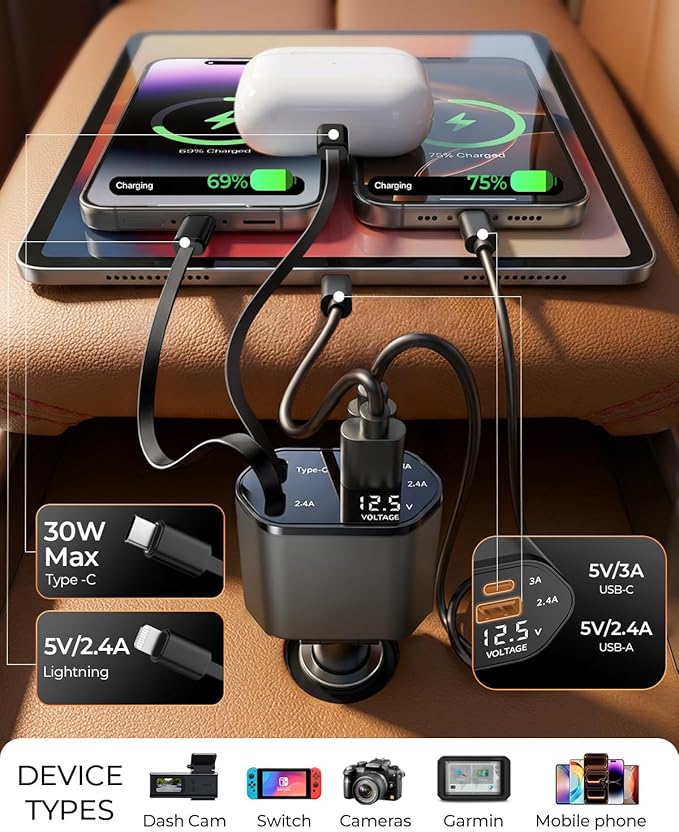 2026 MimAuto 4 in 1 Retractable Car Charger, Car Charger USB C Fast Charger, Car Phone Charger for iPhone 17/16/15/14/13, Samsungs, Tablets, Dash cams, Switch, Gray Car Accessories for Men Women