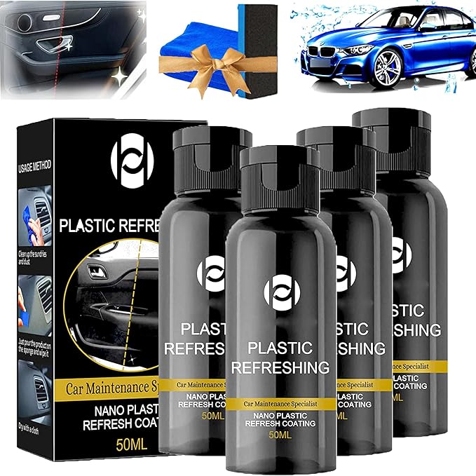 RJDJ Plastic Restorer for Cars, Trim & Exterior – Plastic Revitalizing Coating Agent, Restores Faded Plastic, UV Protection, Car Shine Refurbishing Solution (50ml-4pcs)