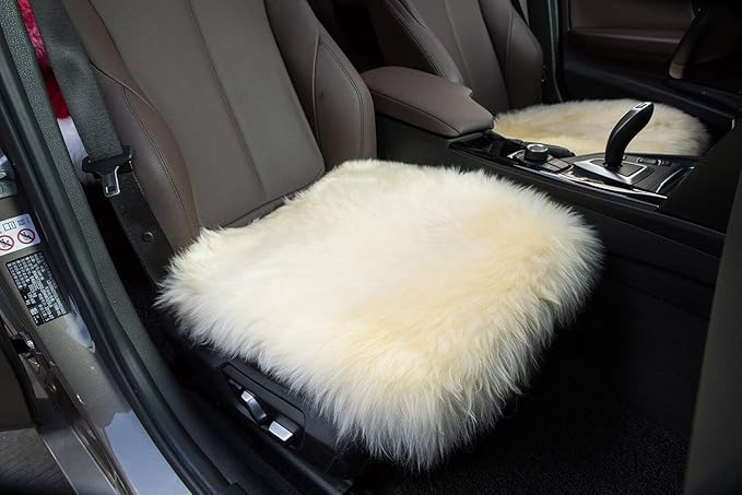 Winter Warmth: Universal Sheepskin Seat Cushion Cover - Natural Wool, for Cars, Trucks, SUVs & Vans - Cozy & Stylish Driving Companion Front Beige Yellow