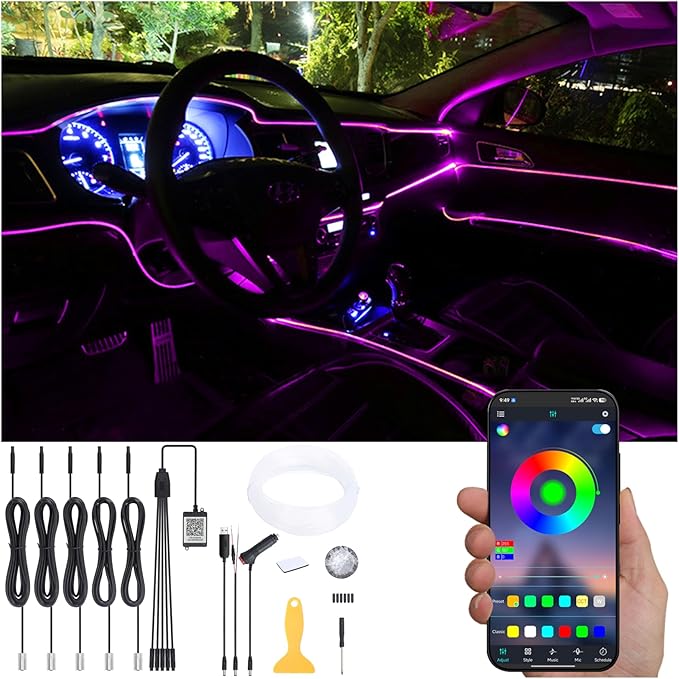 Car Interior Strip Lights, 5 in 1 Multicolor RGB Car Ambient Lighting Kit, 6m Fiber Optic EL Neon Tube Light, DIY Mode Music Sync APP Control DC 12V