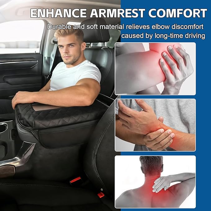 Center Console Cover Fit for GMC Sierra & Chevy Silverado 2019-2026, Tahoe /Yukon /Suburban 2021-2026 Thickened Leather Armrest Cover Cushion Center Lid Protector With Pockets (Bucket Seat Only)