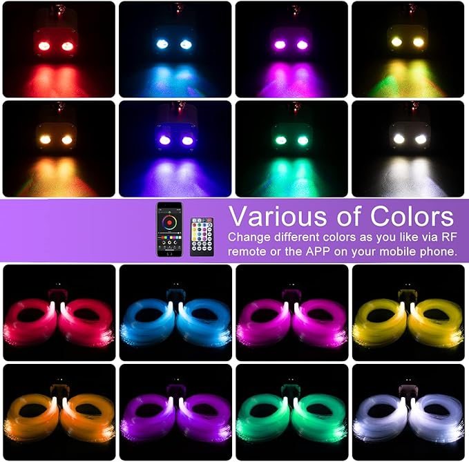 AZIMOM Dual Port 20W Twinkle Fiber Optic Starlight Box Sound Activated RGBW Fiber Optic Light Source APP/Remote Control Dual Head Light Engine Driver for Car Home Ceiling Star Lighting Decor
