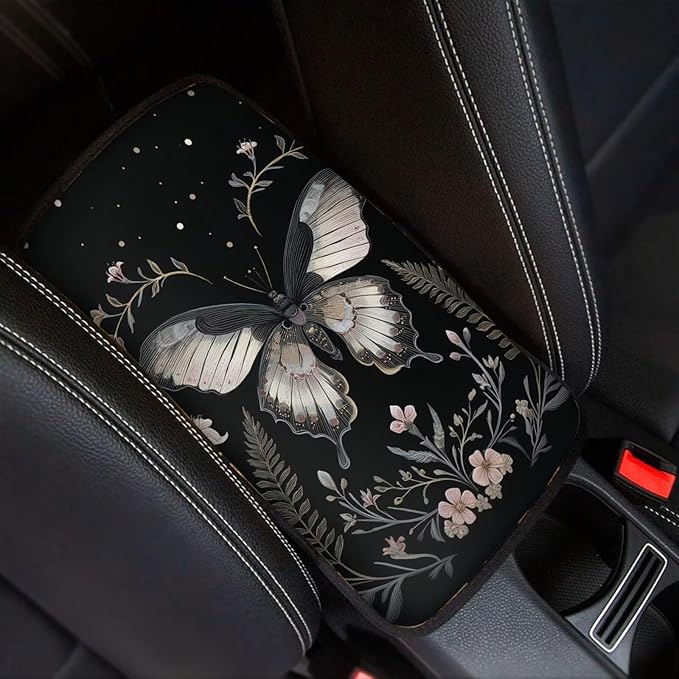 Flower Moth Automotive Center Console Cover Universal Car Armrest Cover Auto Center Console Cushion Protector Floral Moth Car Interior Accessories Decor, Black