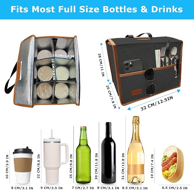 6 Cup Drink Carrier with Handle, Reusable Insulated Cooler Drink Caddy for Car Cup Holder, Foldable Coffee Carrier Bag with Adjustable Dividers, Portable for Car, Travel, Picnic Party, Food Delivery