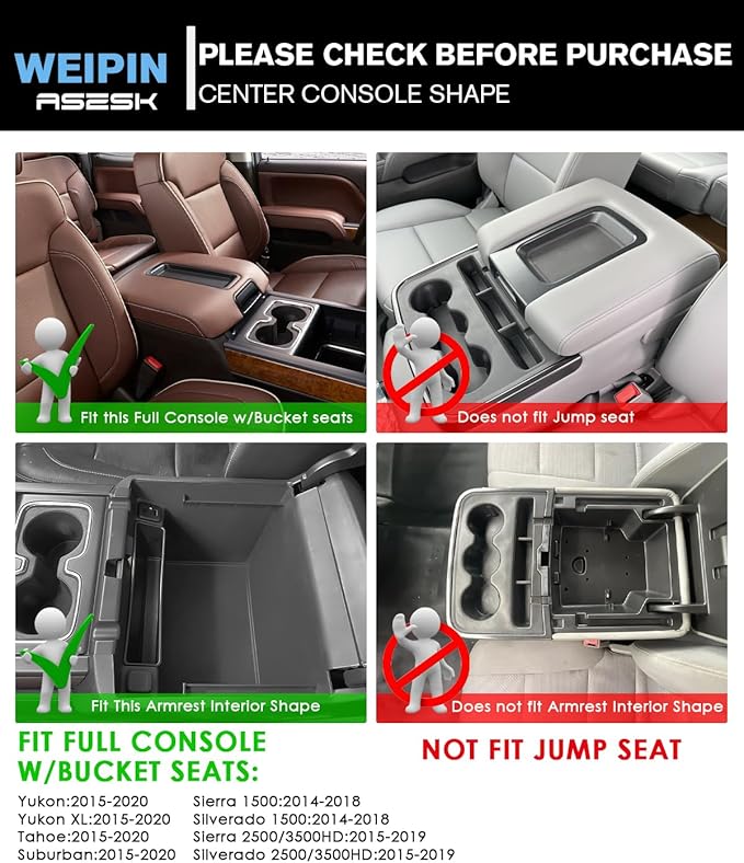 For Center Console Armrest Organizer Tray Compatible with 2014–2018 Silverado/Sierra 1500&2015–2019 Silverado/Sierra 2500HD/3500HD& Yukon/Yukon XL/Tahoe/Suburban–Full Console w/Bucket Seats Only