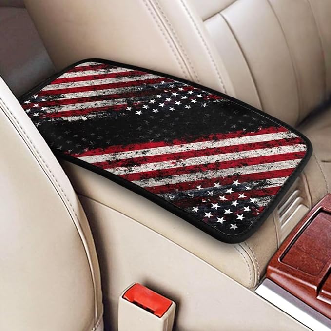 American Flag Print Car Armrest Cover Pad Vintage Star Black Red Arm Rest Seat Box Cushion Protector Scratch Resistant Lid Covers Fit for Most Cars Sedans Vans Truck SUVs