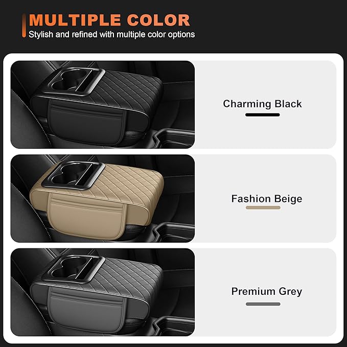 Center Console Cover Fit for Kia Soul 2010-2025 with 2 Storage Bags Waterproof Leather Quilted Pattern Car Armrest Cover Cushion Elevating Pad Anti-Slip(Black)