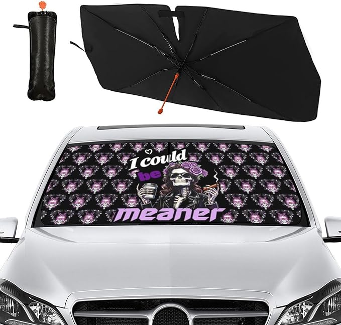 Socira I Could Be Meaner Funny Skull Car Windshield Sunshade Umbrella Foldable Umbrella Sun Shade Windshield Cover Sunshade Car Accessories Blocks Uv Rays Keeps Cool (57" X 30")