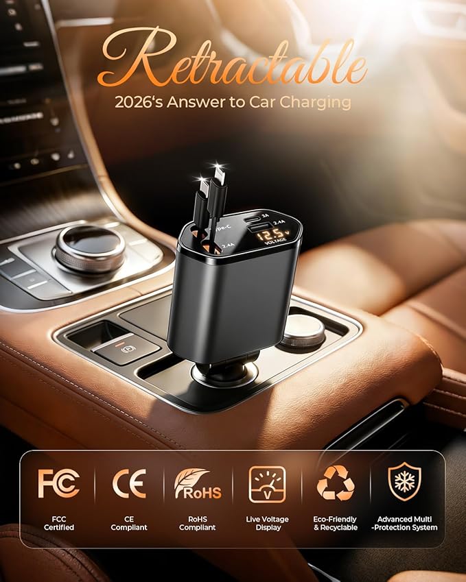 2026 MimAuto 4 in 1 Retractable Car Charger, Car Charger USB C Fast Charger, Car Phone Charger for iPhone 17/16/15/14/13, Samsungs, Tablets, Dash cams, Switch, Gray Car Accessories for Men Women