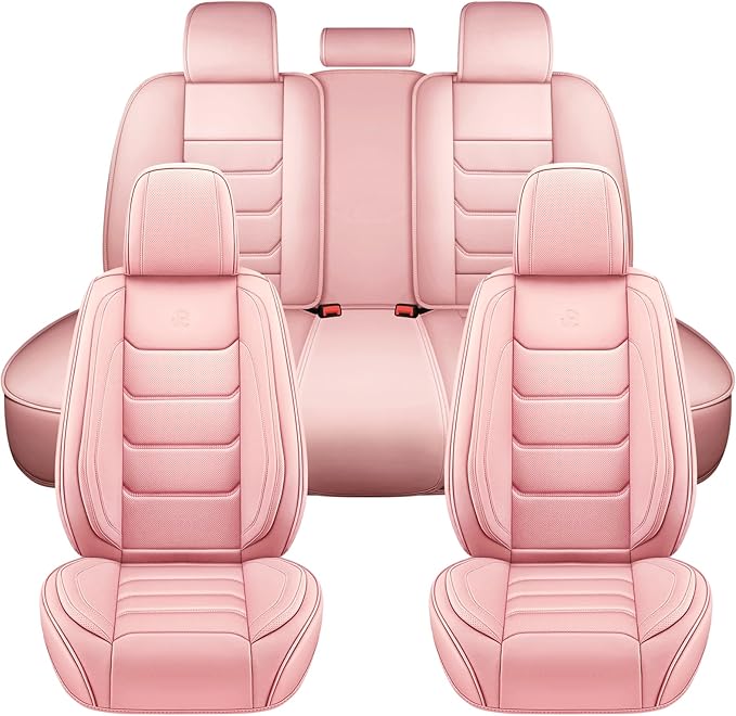 Full Coverage Faux Leather Car Seat Covers Full Set,Automotive Seat Covers for Cars,SUVs Pick-up Truck, Car Seat Cushion, Pink Seat Covers for 5 Seats,Car Seat Protector