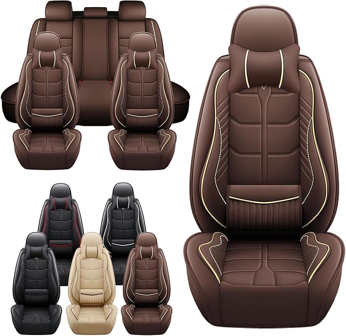 Leather Car Seat Covers Fit for Toyota RAV4 Hybrid 2016-2024, 5 Seater Car Seat Cover, Premium Waterproof, Scratch Resistant Car Interior Accessories (Full Set with Pillow Coffee)